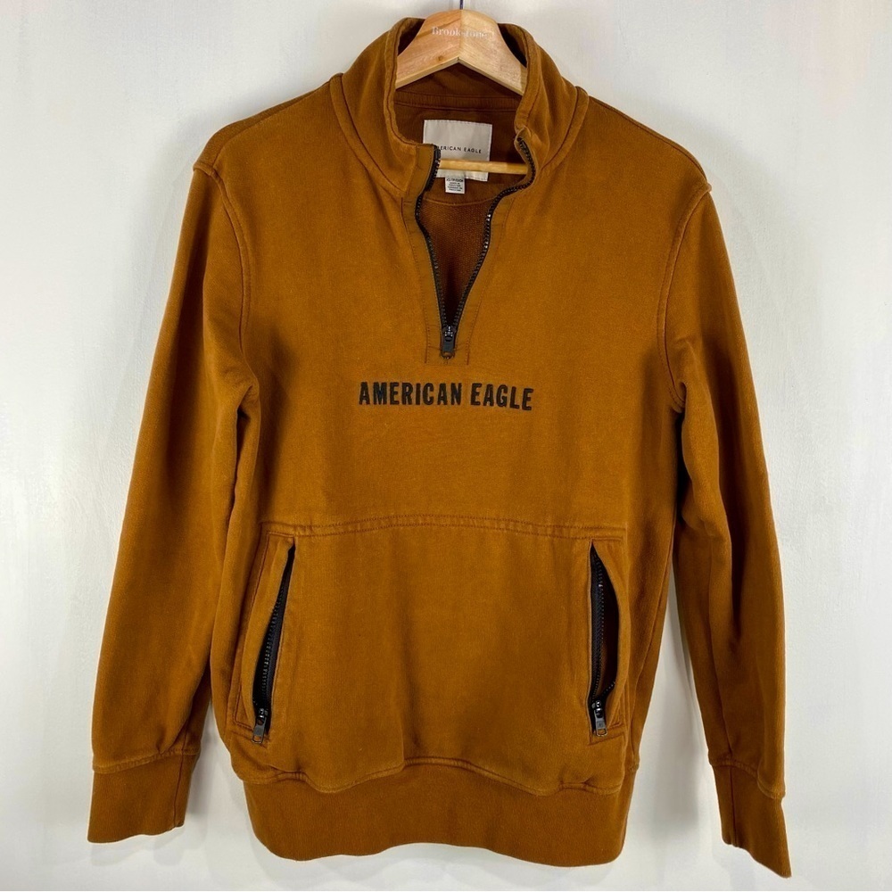 American Eagle: Men's LOGO Quarter 1/4 Zip Up Pullover Sweatshirt Brown Size XS